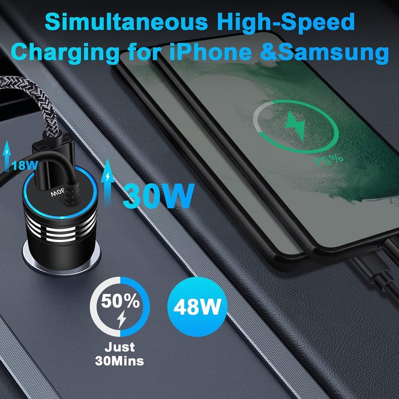 ANDHOT 48W Super Fast Car Charger USB C Rapid Android Car Adapter with 30W Built-in Type C Fast Charging Cable for Samsung Galaxy S25 S24 S23 Ultra S22 S21 S20 FE A16 A15 A14 A54 A53 A23 A13 A03S Z Flip 7 6 - Image 2